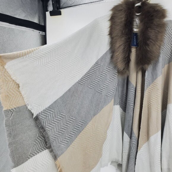 NWT Charter Club Faux Fur Trim Neutral Winter Striped Sweater Poncho Faux Wrap - Picture 6 of 10